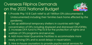 Our Overseas Filipinos and their Families put forward its 11 points demands on the ongoing Congress deliberation on 2022 National Budget. The demands stands on the current effects and impact of the worsening health crisis and global pandemic where millions of Filipinos including our kababayans who are working and living abroad are affected. We strongly demands that health, vaccine, livelihood, welfare, jobs and day to day needs of our kababayans through cash relief or ayuda must be given the highest priority in the 2022 national budget!