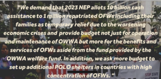 Today, overseas Filipinos and families denounce the blatant decline in the budget allocated for their protection and welfare as proposed in the 2023 National Expenditure Program (NEP) for the Department of Migrant Workers (DMW)