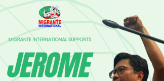 Migrante International supports trade union leader Jerome Adonis for Senate! Poster of Migrante International showing support for Jerome Adonis' 2025 Senate election bid